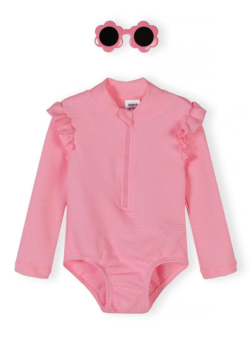 مينوتي Girls long sleeve light pink swimsuit with sunglasses